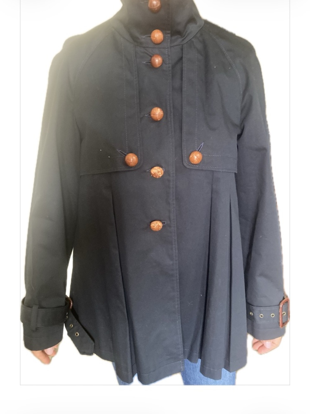 French Connection Black Trench Coat with Brown Buttons